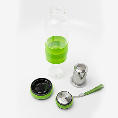 SULMONA 550 ml glass bottle with tea infuser, green
