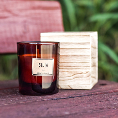SILIA candle in a wooden box, brown